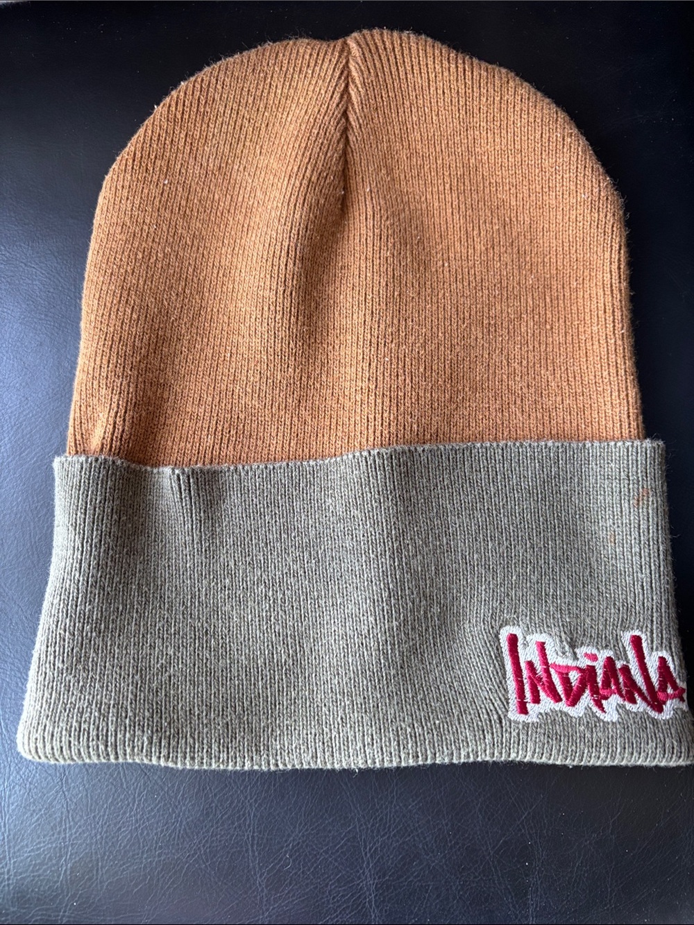 IU Two-Tone Beanie Hat - Tan and Olive Green